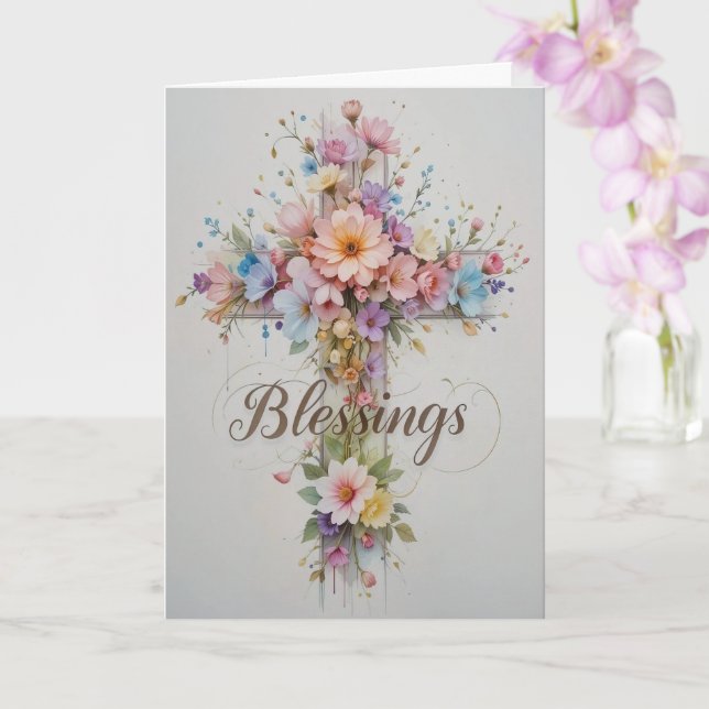 Elegant Floral Cross Easter Blessings  Card (Orchid)