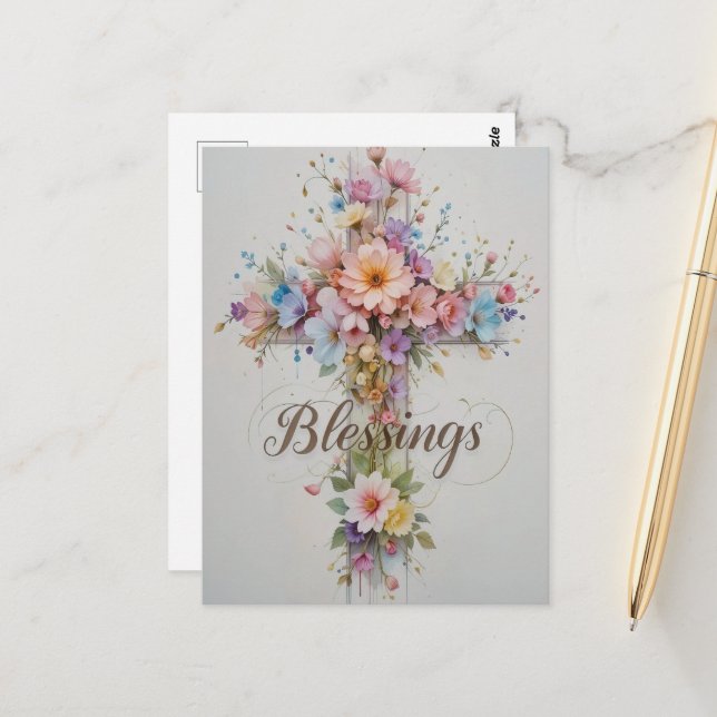 Elegant Floral Cross Easter Blessings  Postcard (Front/Back In Situ)