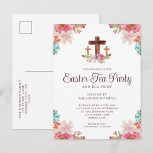 Elegant Floral Cross Easter Tea Party Invitation Postcard