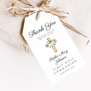 Elegant Floral Cross First Communion Thank You Gift Tags