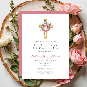Elegant Floral Cross First Holy Communion  Invitation