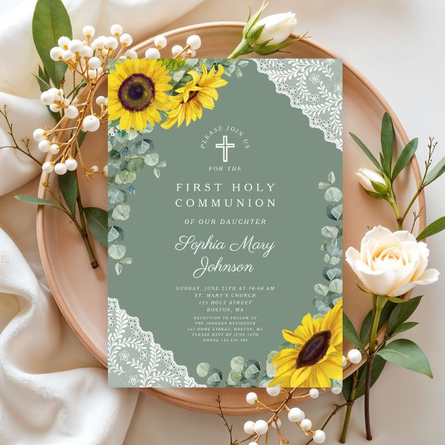 Elegant Floral Cross First Holy Communion Invitation (Elegant Floral Cross First Holy Communion Invitation)
