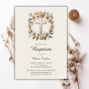 Elegant Floral Cross Gender Neutral Baptism Invitation