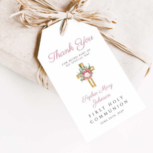 Elegant Floral Cross Girl First Communion Gift Tags