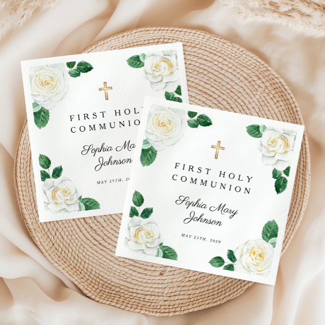 Elegant Floral Cross Girl First Communion  Napkin (Elegant Floral Cross Girl First Communion Napkins)