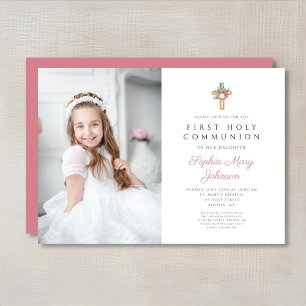 Elegant Floral Cross Girl First Communion Photo Invitation