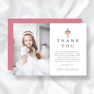 Elegant Floral Cross Girl First Communion  Thank You Card
