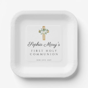 Elegant Floral Cross White First Communion Paper Plate