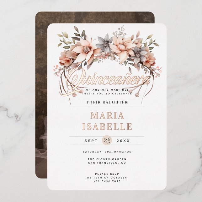 Elegant Floral Crown Quinceañera Party Rose Gold (Front/Back)