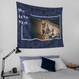 Elegant Floral Custom Family Photo Text Blue Tapestry
