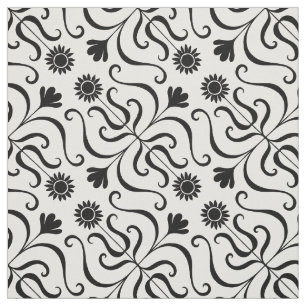 Elegant Floral Damask Black and White Sunflower Fabric