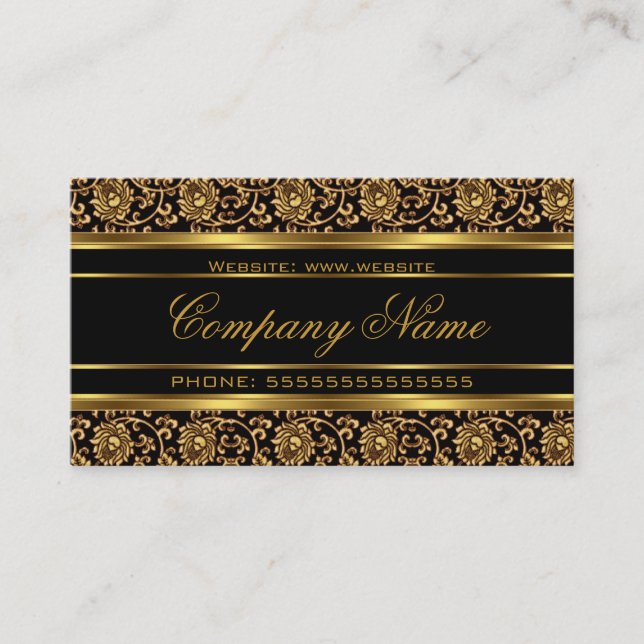 Elegant Floral Damask Gold Look Black Bronze Business Card (Front)