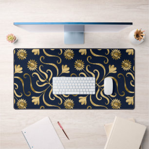Elegant Floral Damask Navy Blue & Gold Sunflower Desk Mat