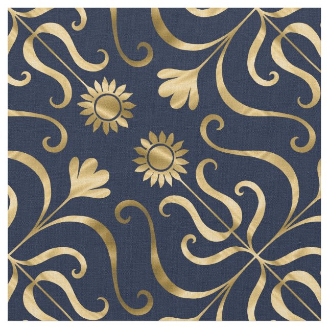  Elegant Floral Damask Navy Blue & Gold Sunflower  Fabric (Close Up)