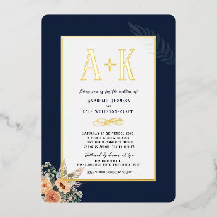 Elegant floral dark blue 5" x 7" Foil Invitation
