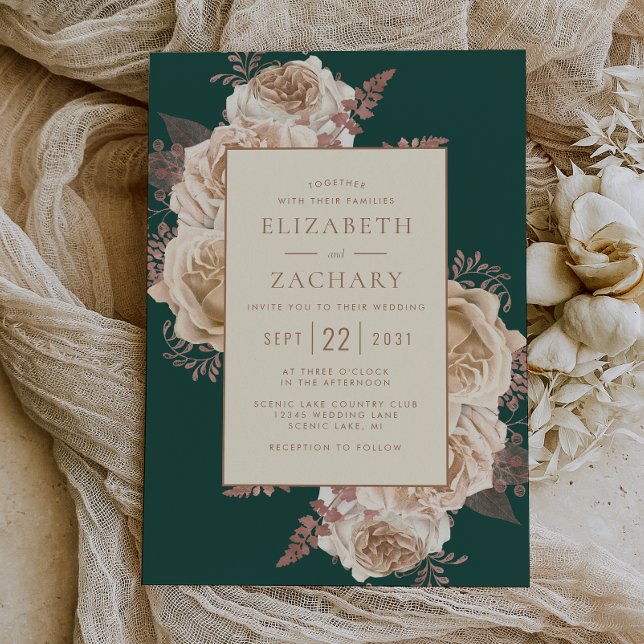 Elegant Floral Dark Teal Rose Gold Ivory Wedding Invitation (Creator Uploaded)