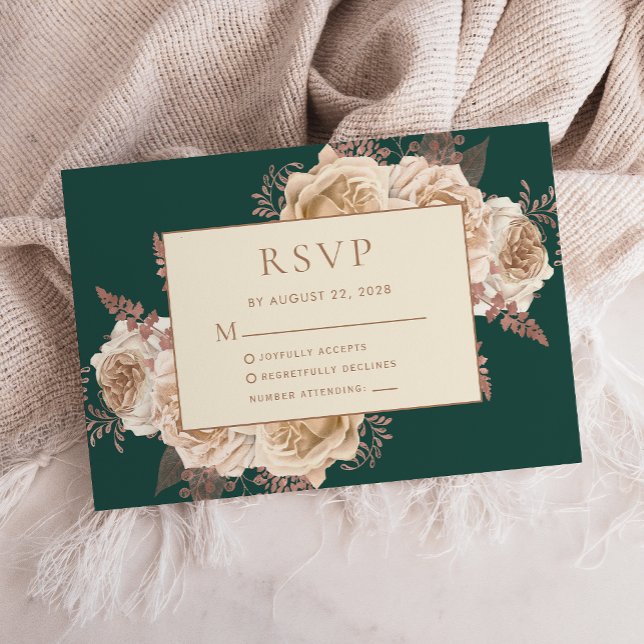 Elegant Floral Dark Teal Rose Gold Ivory Wedding RSVP Card (Creator Uploaded)