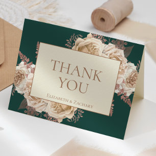 Elegant Floral Dark Teal Rose Gold Ivory Wedding Thank You Card