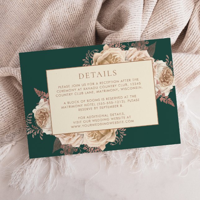 Elegant Floral Dark Teal Rose Gold Wedding Details Enclosure Card (Creator Uploaded)