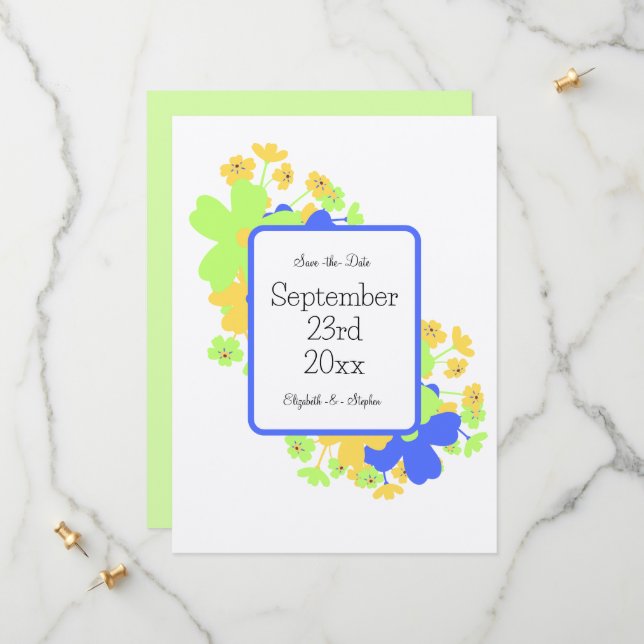 Elegant floral design in blue green yellow save the date (Front/Back In Situ)