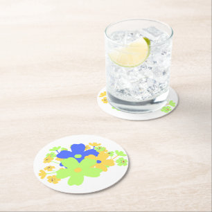 Elegant Floral Design in Blue Yellow Green Round Paper Coaster