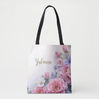 Elegant Floral Design in Pink Blue White Bloom Tote Bag