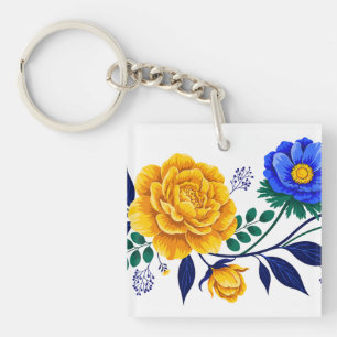 Elegant Floral Design with Golden & Blue Blossoms Key Ring
