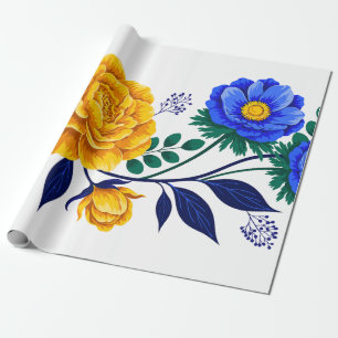 Elegant Floral Design with Golden & Blue Blossoms Wrapping Paper