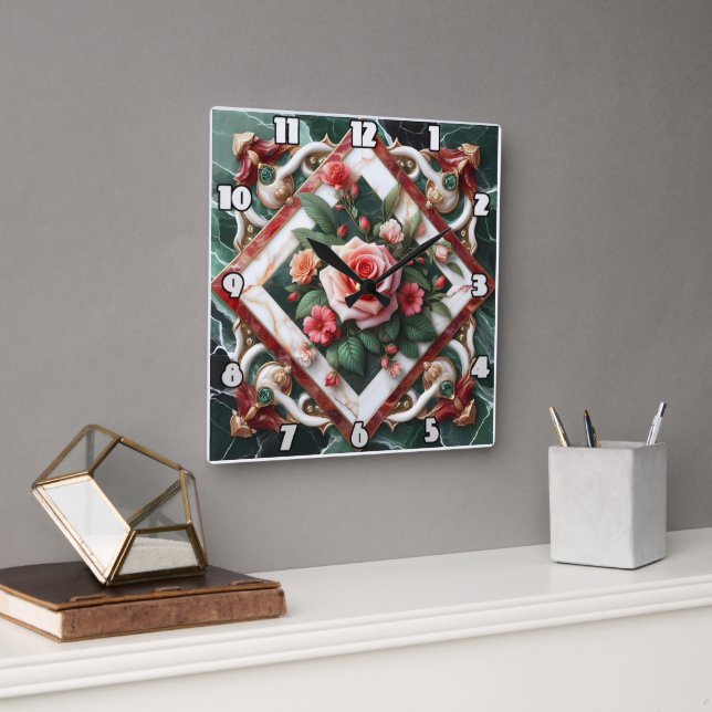 Elegant Floral Design With Painted Roses Display Square Wall Clock (Office)