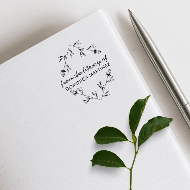 Elegant Floral Diamond Custom Name Library Book Rubber Stamp (Creator Uploaded)