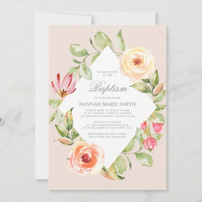 Elegant Floral Diamond Peach Baptism Invitation (Front)