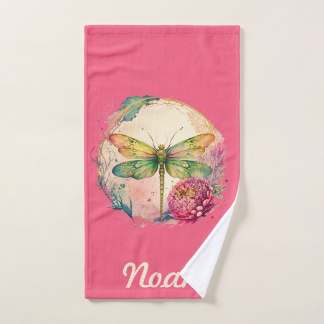 Elegant Floral Dragonfly w/ Custom Name Bath Towel Set (Hand Towel)