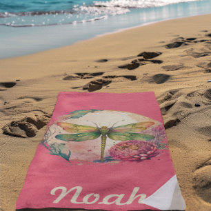 Elegant Floral Dragonfly w/ Custom Name Beach Towel