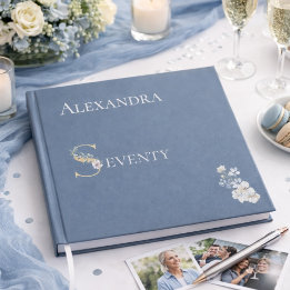 Elegant Floral Dusty Blue 70th Birthday Silver Guest Book
