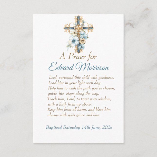 Elegant Floral Dusty Blue Baptism Enclosure Card (Front)