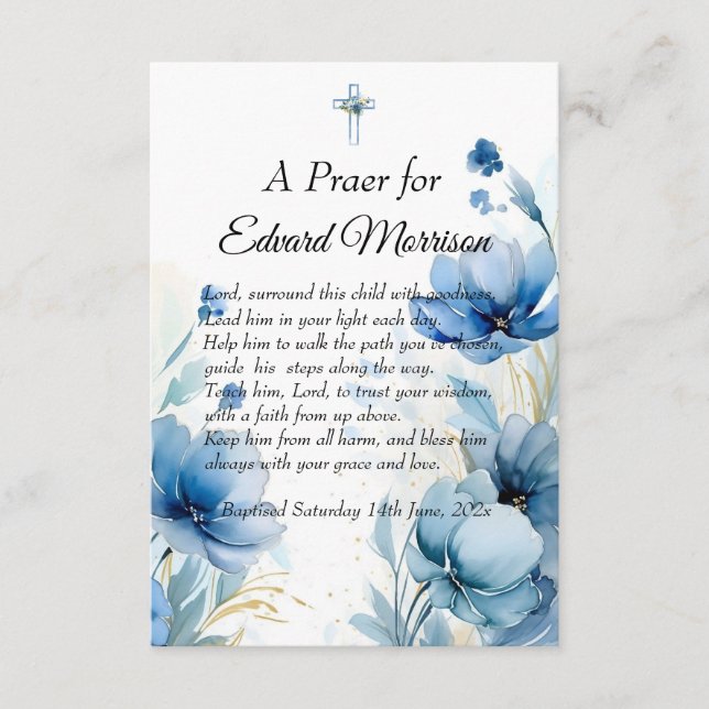 Elegant Floral Dusty Blue Baptism Enclosure Card (Front)