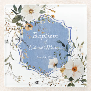 Elegant Floral Dusty Blue Baptism Glass Coaster