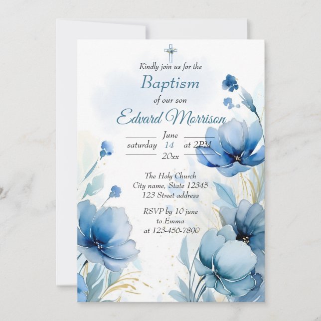 Elegant Floral Dusty Blue Baptism Invitation (Front)