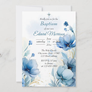 Elegant Floral Dusty Blue Baptism Invitation