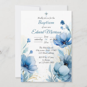 Elegant Floral Dusty Blue Baptism Invitation