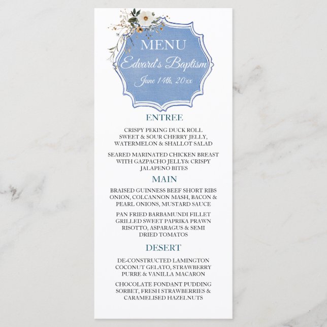Elegant Floral Dusty Blue Baptism Menu (Front)