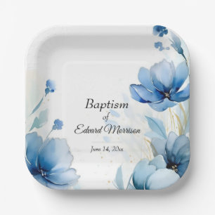 Elegant Floral Dusty Blue Baptism Paper Plate