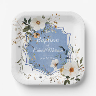 Elegant Floral Dusty Blue Baptism Paper Plate