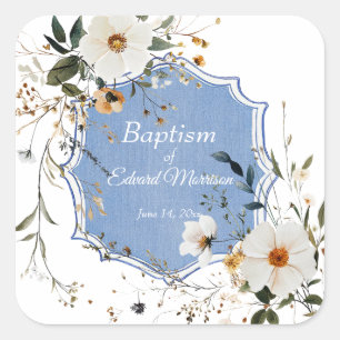 Elegant Floral Dusty Blue Baptism Square Sticker