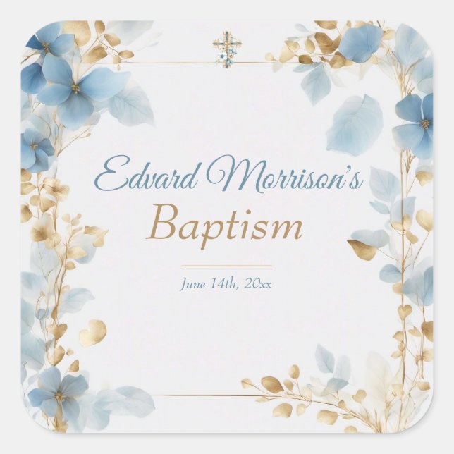 Elegant Floral Dusty Blue Baptism Square Sticker (Front)