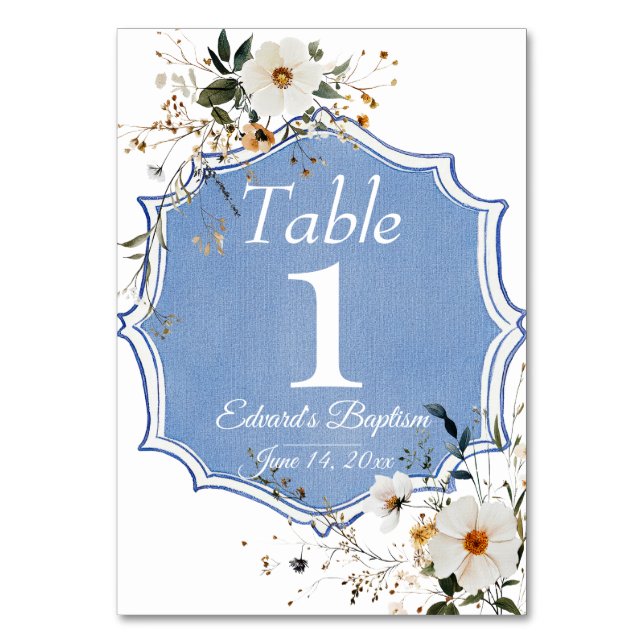 Elegant Floral Dusty Blue Baptism Table Number (Front)