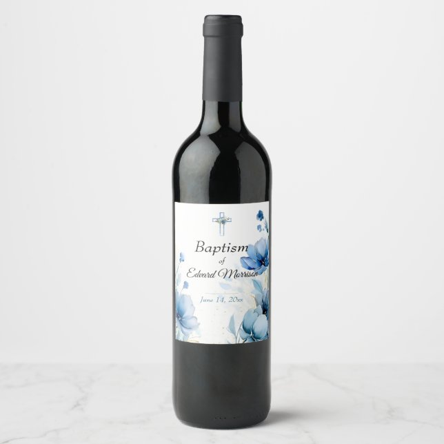 Elegant Floral Dusty Blue Baptism Wine Label (Front)