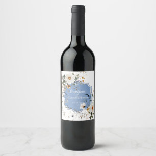 Elegant Floral Dusty Blue Baptism Wine Label