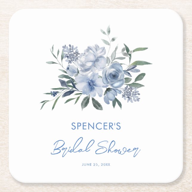 Elegant Floral Dusty Blue Bridal Shower Square Paper Coaster (Front)