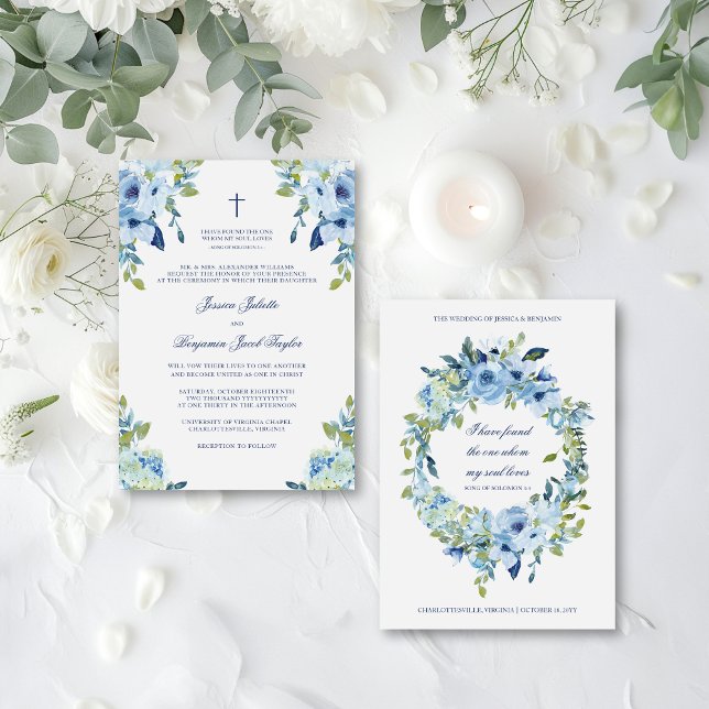 Elegant Floral Dusty Blue Christian Wedding Invitation (This Christian wedding invitation includes blue watercolor flowers, a delicate cross & a Bible verse)